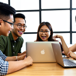 **Image Prompt:** A diverse group of young Malaysian professionals collaborating enthusiastically in a modern co-working space. Focus on visual cues of teamwork, communication, and problem-solving, like brainstorming sessions, shared laptops, and engaged facial expressions. The image should convey a sense of synergy and innovation, with some individuals using laptops with lines of "coding" visible on the screen.