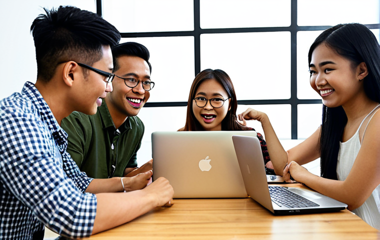 **Image Prompt:** A diverse group of young Malaysian professionals collaborating enthusiastically in a modern co-working space. Focus on visual cues of teamwork, communication, and problem-solving, like brainstorming sessions, shared laptops, and engaged facial expressions. The image should convey a sense of synergy and innovation, with some individuals using laptops with lines of "coding" visible on the screen.