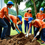 **Image Prompt:** A diverse group of Malaysian volunteers working together on a community project, planting trees in a Kuala Lumpur park, showcasing teamwork and a sense of accomplishment.