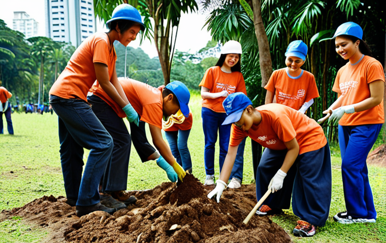 **Image Prompt:** A diverse group of Malaysian volunteers working together on a community project, planting trees in a Kuala Lumpur park, showcasing teamwork and a sense of accomplishment.